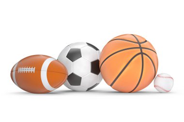 Basketbol, Amerikan futbolu ve golf gibi takımlar beyaz arka planda izole edilmiş. Takım oyunları için 3 boyutlu spor aksesuarları hazırlama