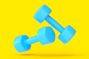 Sarı arka planda izole edilmiş bir çift lastik mavi dambıl. Spor malzemelerinin fitness ve powerlift için 3D yorumlaması