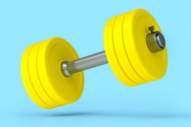Mavi arka planda sarı diskleri olan metal halterler. Spor malzemelerinin fitness ve powerlift için 3D yorumlaması