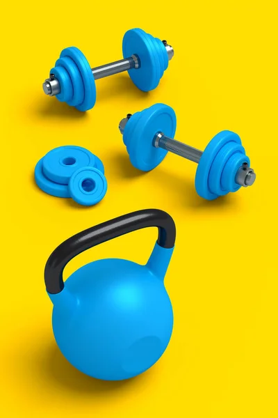 Vista Isometrica Attrezzature Sportive Come Kettlebell Manubri Rullo Sfondo Giallo — Foto Stock