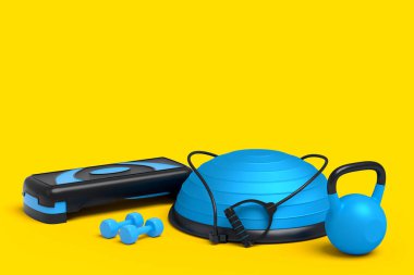 Kettlebell, esnek top ve sarı arka planda adım atma gibi spor ekipmanlarına farklı bir bakış açısı. Güç kaldırma ve zindelik kavramının 3 boyutlu canlandırması