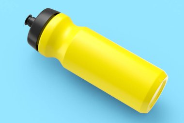 Mavi arka planda izole edilmiş protein içeceği için sarı plastik spor karıştırıcı. Spor gıda kokteyl kabının 3 boyutlu sunucusu