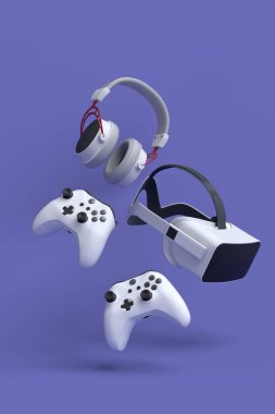 VR gözlükleri, kulaklıklar ve mor arka planda joystick gibi uçan oyun vitesleri. Canlı yayın konsepti üst görünümü için 3d aksesuar hazırlama