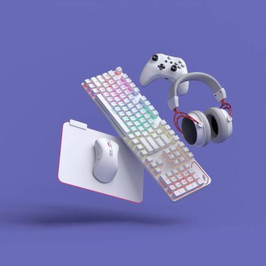 Fare, klavye, joystick, kulaklık, mor masa arkasında VR kulaklık gibi uçan oyun dişlileri. Canlı yayın konsepti üst görünümü için 3d aksesuar hazırlama