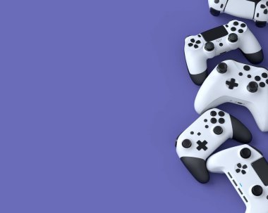 Mor arkaplanlı oyun çubukları ya da oyun kağıtları seti. Canlı yayın konsepti üst görünümü için 3d aksesuar hazırlama