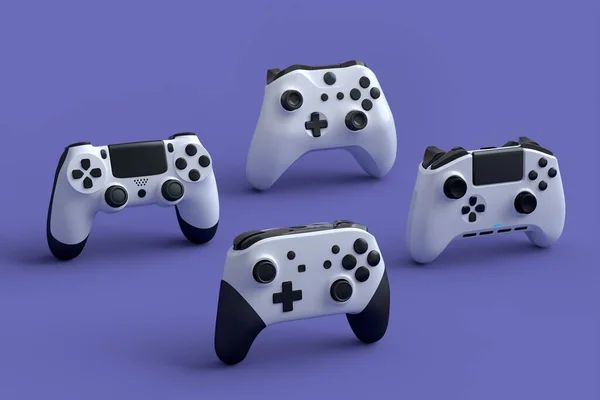 Conjunto Joysticks Gamer Pie Gamepads Sobre Fondo Púrpura Con Desenfoque — Foto de Stock