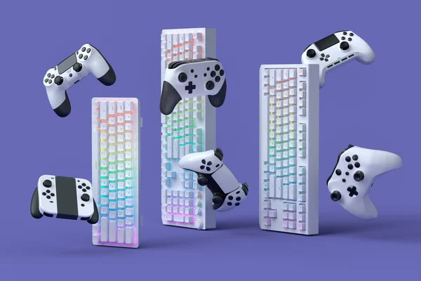 Set Flying Gamer Joysticks Keyboards Purple Background Rendering Accessories Live — Stock Photo, Image