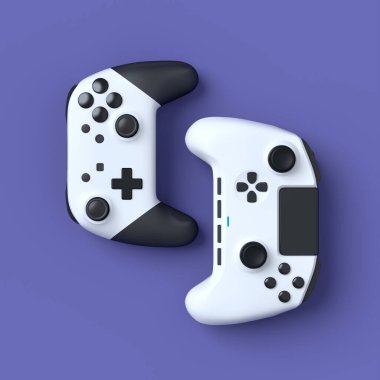 Mor arkaplanlı oyun çubukları ya da oyun kağıtları seti. Canlı yayın konsepti üst görünümü için 3d aksesuar hazırlama