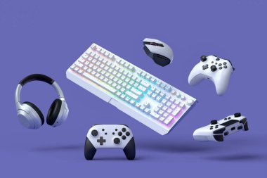 Fare, klavye, joystick, kulaklık, mor masa arkasında VR kulaklık gibi uçan oyun dişlileri. Canlı yayın konsepti üst görünümü için 3d aksesuar hazırlama