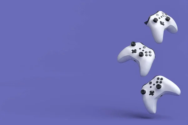 Fliegende Joysticks Oder Gamepads Auf Violettem Hintergrund Rendering Von Zubehör — Stockfoto