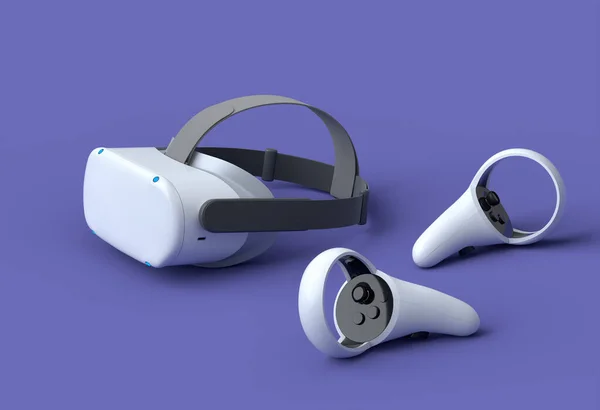 Virtual reality glasses and controllers for online and cloud gaming on purple background. 3D rendering of device for virtual design in augmented reality or virtual gaming in VR