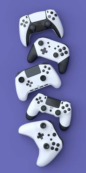 Conjunto Joysticks Jugador Mentiroso Gamepads Sobre Fondo Púrpura Con Desenfoque —  Fotos de Stock