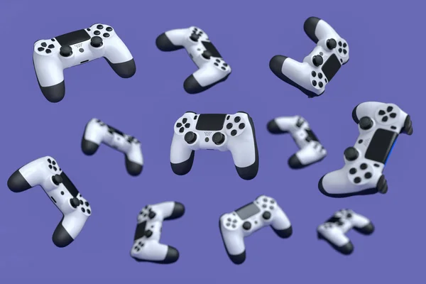 Flying Gamer Joysticks Gamepads Μωβ Φόντο Θαμπάδα Rendering Εξαρτημάτων Για — Φωτογραφία Αρχείου