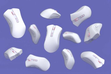 Mor arka planda bulanık uçan oyun faresi. Canlı yayın konsepti üst görünümü için 3d aksesuar hazırlama