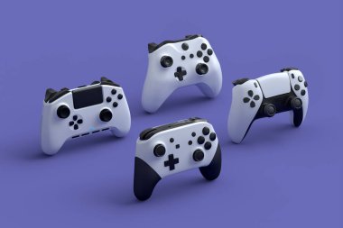 Mor arkaplanlı oyun kumandaları ya da oyun platformları. Canlı yayın konsepti üst görünümü için 3d aksesuar hazırlama