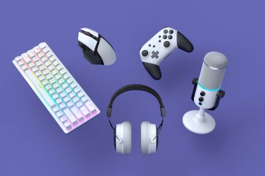 Fare, klavye, joystick, kulaklık, VR kulaklık gibi uçan oyun aletleri. Mor masa arkaplanındaki mikrofon. Canlı yayın konsepti üst görünümü için 3d aksesuar hazırlama