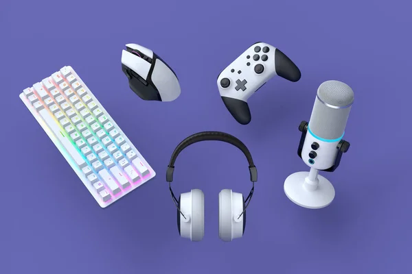 Fliegende Gamer Geräte Wie Maus Tastatur Joystick Headset Headset Mikrofon — Stockfoto