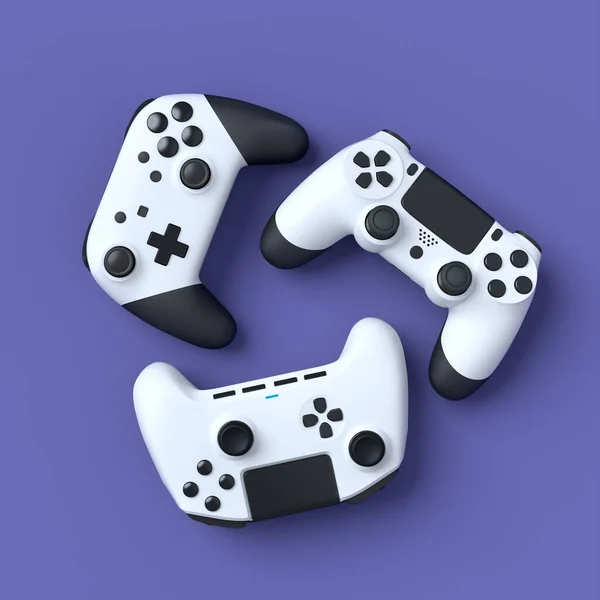 Set Joystick Gamepad Gamer Sdraiati Sfondo Viola Con Sfocatura Rendering — Foto Stock