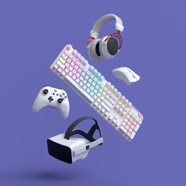 Fliegende Gamer Geräte Wie Maus Tastatur Steuerknüppel Headset Headset Auf — Stockfoto