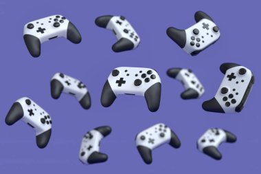 Uçan oyun joystickleri ya da mor arka planda bulanık oyun koruyucuları. Canlı yayın konsepti üst görünümü için 3d aksesuar hazırlama