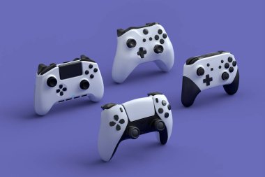 Mor arkaplanlı oyun kumandaları ya da oyun platformları. Canlı yayın konsepti üst görünümü için 3d aksesuar hazırlama