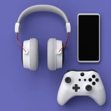 Oyun alanının en üst görüntüsü ve telefon, joystick, mor masa arkaplanındaki kulaklık gibi cihazlar. Canlı yayın konsepti üst görünümü için 3d aksesuar hazırlama