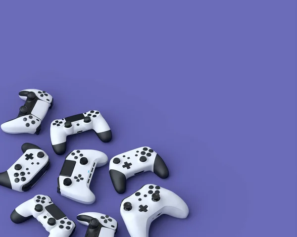 Conjunto Joysticks Gamer Deitado Gamepads Fundo Roxo Com Borrão Renderização — Fotografia de Stock