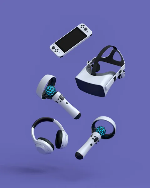 Flying gamer gears like joystick, headphones, VR glasses and controlers on purple table background. 3d rendering of accessories for live streaming concept