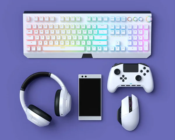 紫色のテーブルの背景にマウス キーボード ジョイスティック ヘッドフォンや電話のようなトップビューゲーマーのギア ライブストリーミングコンセプトのためのアクセサリーの3Dレンダリング — ストック写真