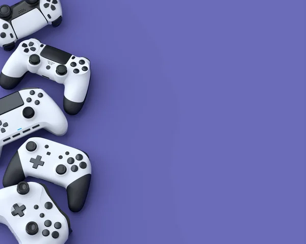 Set Lying Gamer Joysticks Gamepads Purple Background Blur Rendering Accessories — Stock Photo, Image