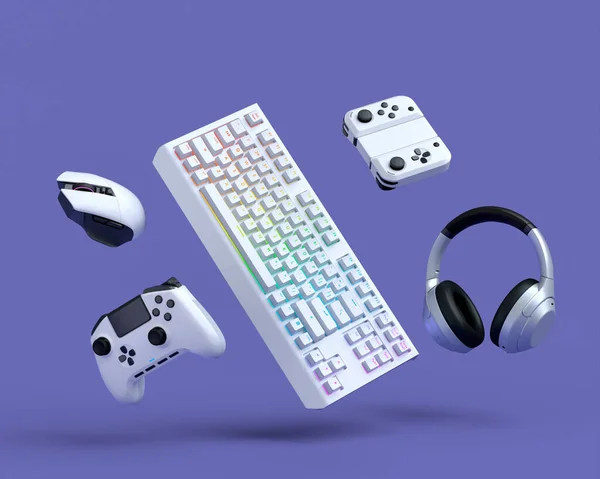 マウス キーボード ジョイスティック ヘッドセット 紫色のテーブルの背景にVrヘッドセットなどのフライングゲーマーギア ライブストリーミングコンセプトのトップビューのためのアクセサリーの3Dレンダリング — ストック写真