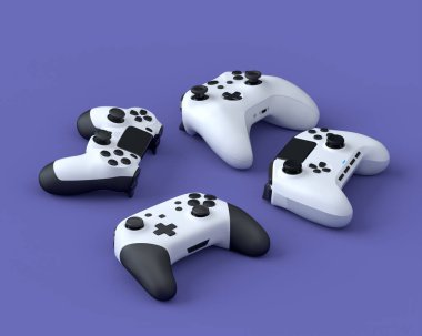 Mor arkaplanlı oyun çubukları ya da oyun kağıtları seti. Canlı yayın konsepti üst görünümü için 3d aksesuar hazırlama