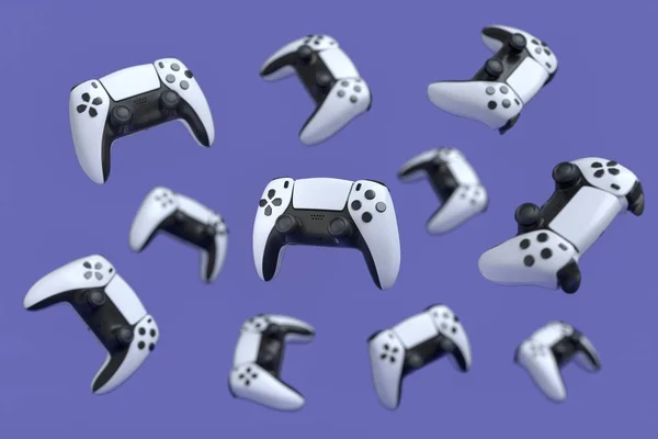 Joysticks Jogador Voador Gamepads Fundo Roxo Com Borrão Renderização Acessórios — Fotografia de Stock