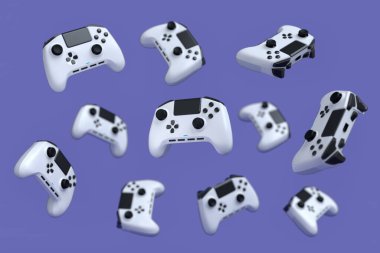 Uçan oyun joystickleri ya da mor arka planda bulanık oyun koruyucuları. Canlı yayın konsepti üst görünümü için 3d aksesuar hazırlama