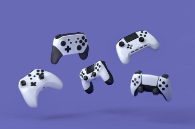 Uçan oyun joystickleri ya da mor arka planda bulanık oyun koruyucuları. Canlı yayın konsepti üst görünümü için 3d aksesuar hazırlama