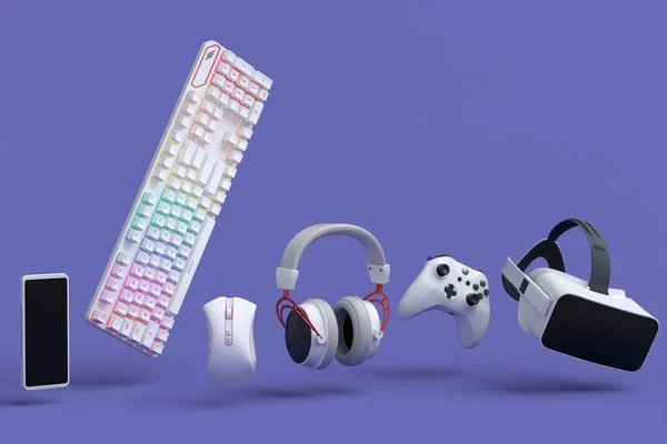 Flying Gamer Gears Mouse Keyboard Joystick Headset Headset Purple Table — Stock Photo, Image