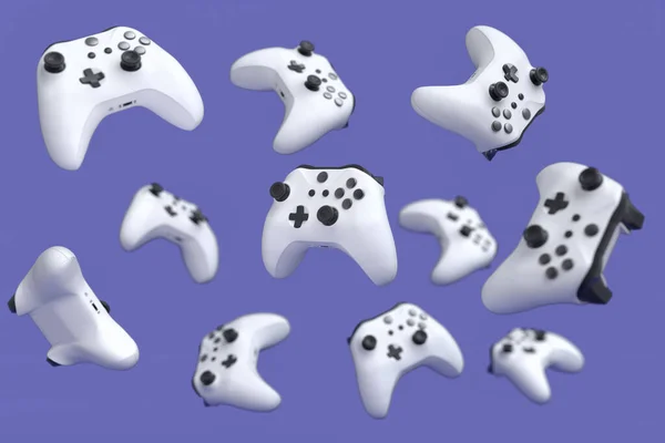 Fliegende Joysticks Oder Gamepads Auf Violettem Hintergrund Rendering Von Zubehör — Stockfoto