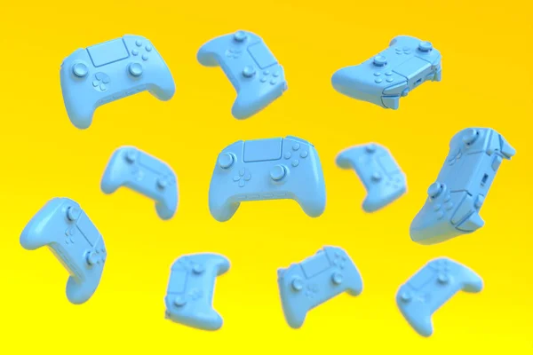 Latający Niebieski Joysticks Gracz Lub Gamepads Żółtym Tle Rozmyciem Renderowanie — Zdjęcie stockowe
