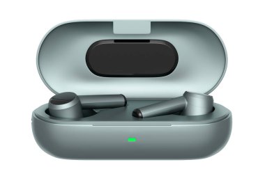 Kablosuz kulaklıkların beyaz arka plandaki baz kutusunda 3 boyutlu görüntüsü. Egzersiz ya da dinleme hizmetleri için kulaklık kavramı