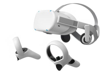 Sanal gerçeklik gözlükleri ve kontrol cihazları çevrimiçi ve beyaz arka planda bulut oyunları için. Artırılmış gerçeklikte sanal tasarım için 3B görüntüleme aygıtı veya VR içindeki sanal oyun