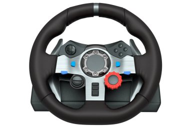 Beyaz arka planda izole edilmiş gerçekçi deri direksiyon. Bulut oyun ve yarış ya da oyun alanı konsepti için 3 boyutlu yayın donanımı