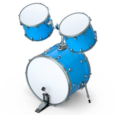 Beyaz arka planda pedalı olan gerçekçi davullar. 3D render müzik aleti, davul makinesi konsepti.