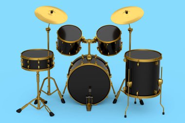Mavi arka planda metal zilleri olan gerçekçi davullar. 3D render müzik perküsyon enstrümanı, davul makinesi ve bateri seti