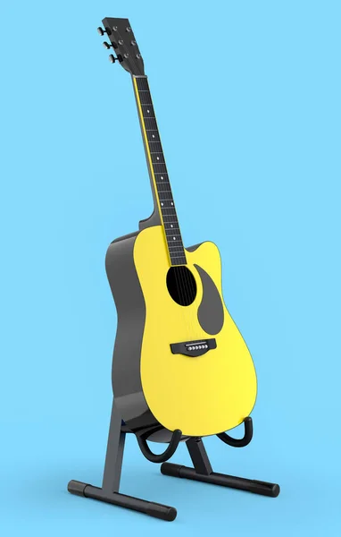 スタンド上の電気音響ギターは青の背景に隔離されています 音楽ショップのための重い金属ギターとロックフェスティバルポスターのための概念の3Dレンダリング — ストック写真