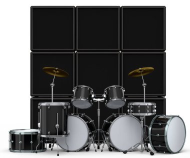 Metal zilli gerçekçi davullar veya bateri seti ve beyaz zemin üzerinde yükseltici. 3D render müzik perküsyon enstrümanı, davul makinesi ve bateri seti