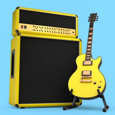 Mavi arka planda elektro veya akustik gitarlı klasik amplifikatör var. Stüdyo veya prova odasında bas gitar kaydetmek için 3D yükseltici, rock festivali poste konsepti