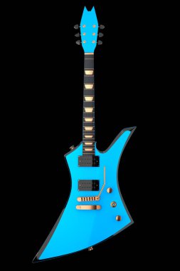 Elektro akustik gitarın yakın çekimi siyah zemin üzerinde izole edilmiş. Müzik dükkanı için heavy metal gitarlı 3D rock festivali posteri.