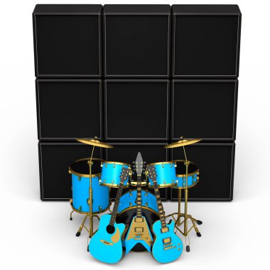 Metal zilli, bateri seti, amplifikatör ve akustik gitarlı gerçekçi davullar. 3D render müzik perküsyon enstrümanı, davul makinesi ve bateri seti