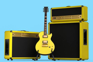 Mavi arka planda elektro veya akustik gitarlı klasik amplifikatör var. Stüdyo veya prova odasında bas gitar kaydetmek için 3D yükseltici, rock festivali poste konsepti