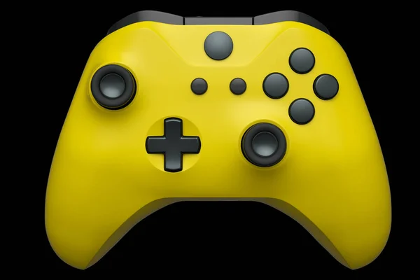 黒の背景にビデオゲームコントローラーのための現実的な黄色のジョイスティック クラウドゲームやゲーマーのワークスペースのコンセプトのためのストリーミングギアの3Dレンダリング — ストック写真